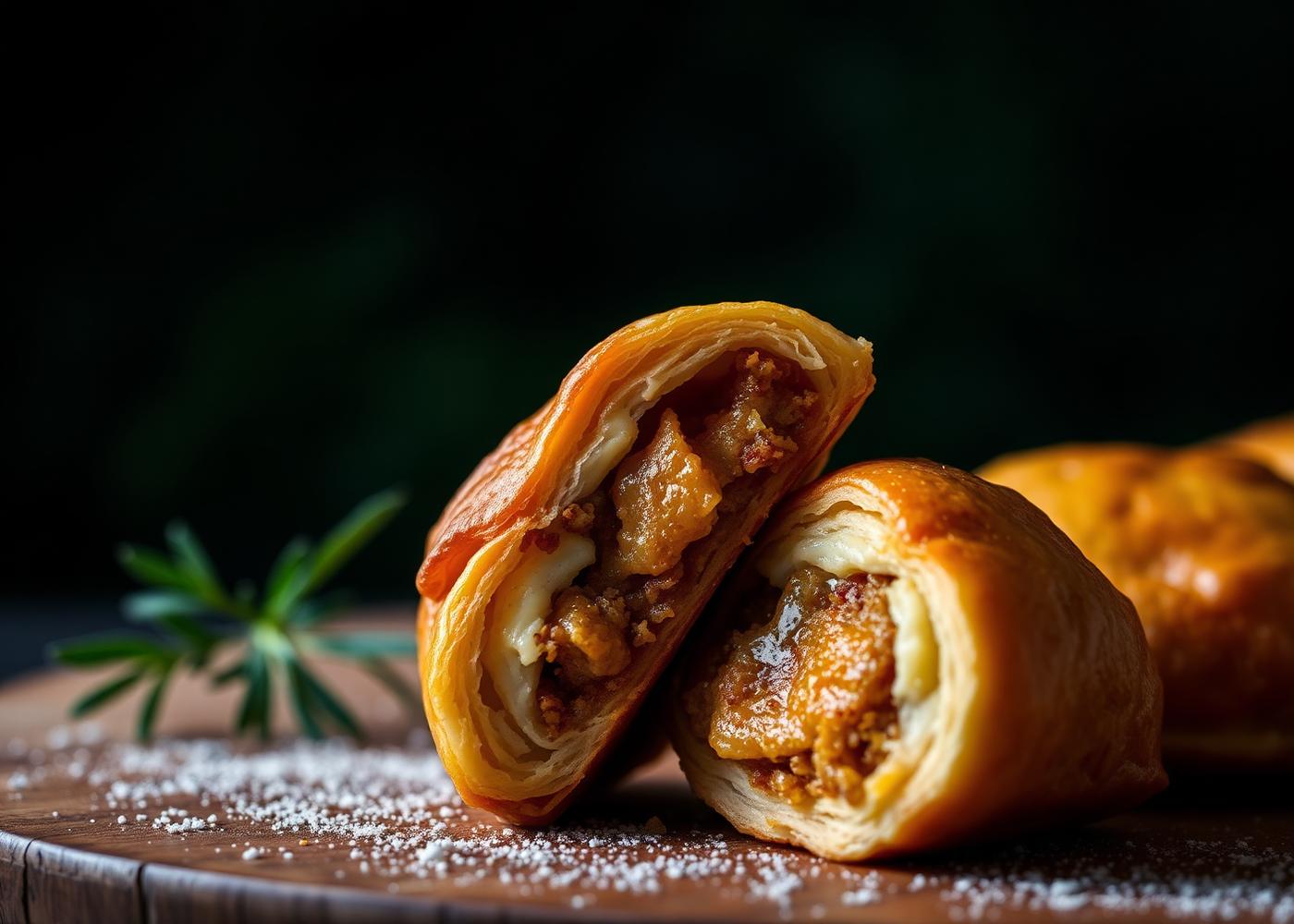 A golden Persian pirashki cut open to reveal a generous savory filling